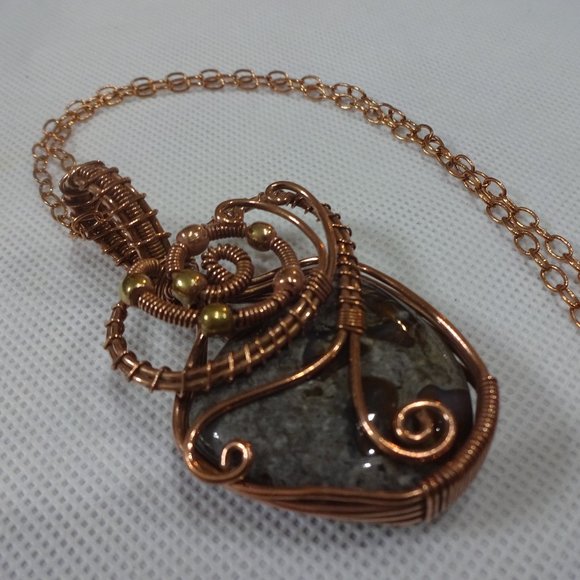 Artistic "COFFEE BEAN JASPER" Handmade Copper Wire-Wrapped Pendant/Chain #336A - Picture 1 of 3